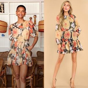 NWT MINKPINK Vintage Floral Puff Long Sleeve Back Cutout Tier Ruffle Hem Dress M